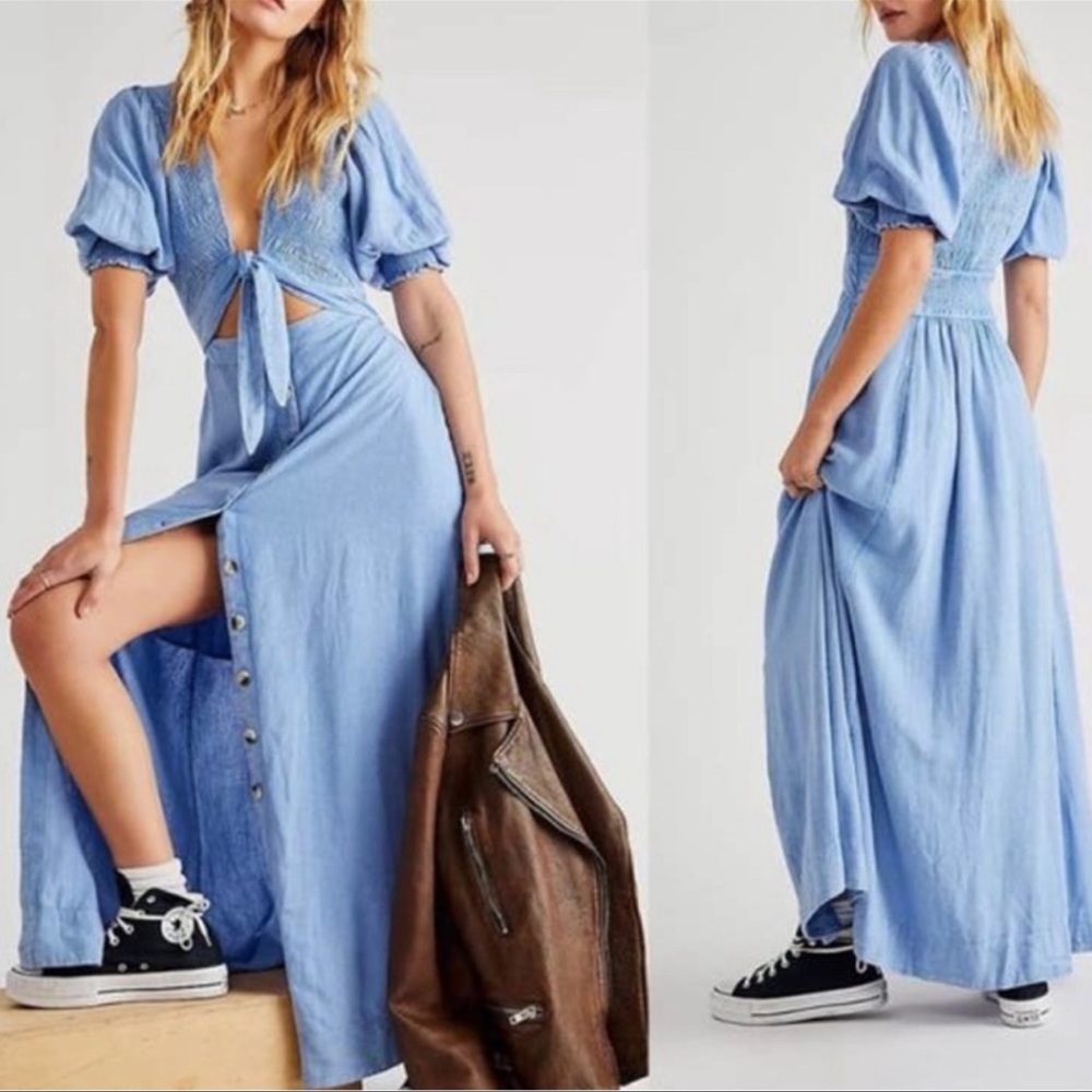 Free People String of Hearts Chambray Linen Maxi Dress Smocked Blue Sz XS